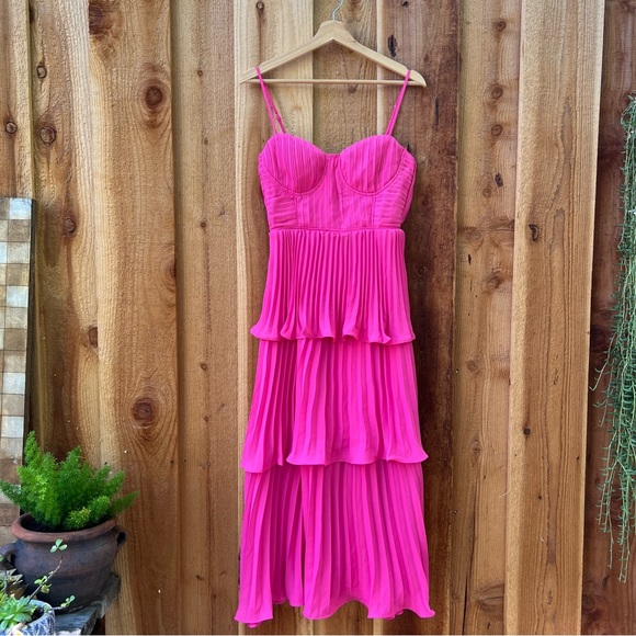 Hot Pink Bustier Pleated Tiered Chiffon Midi Dress 🌿 - Picture 9 of 12